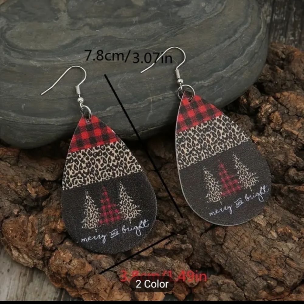 Christmas earrings trees leopard teardrop faux leather new e64 - Picture 2 of 3